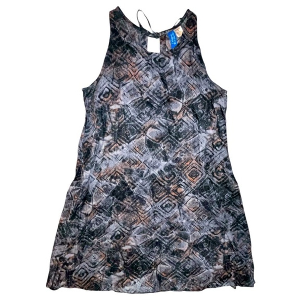 Island Beach Cover Up Tank Dress Tie Neck Resortwear Grey Print Size Small